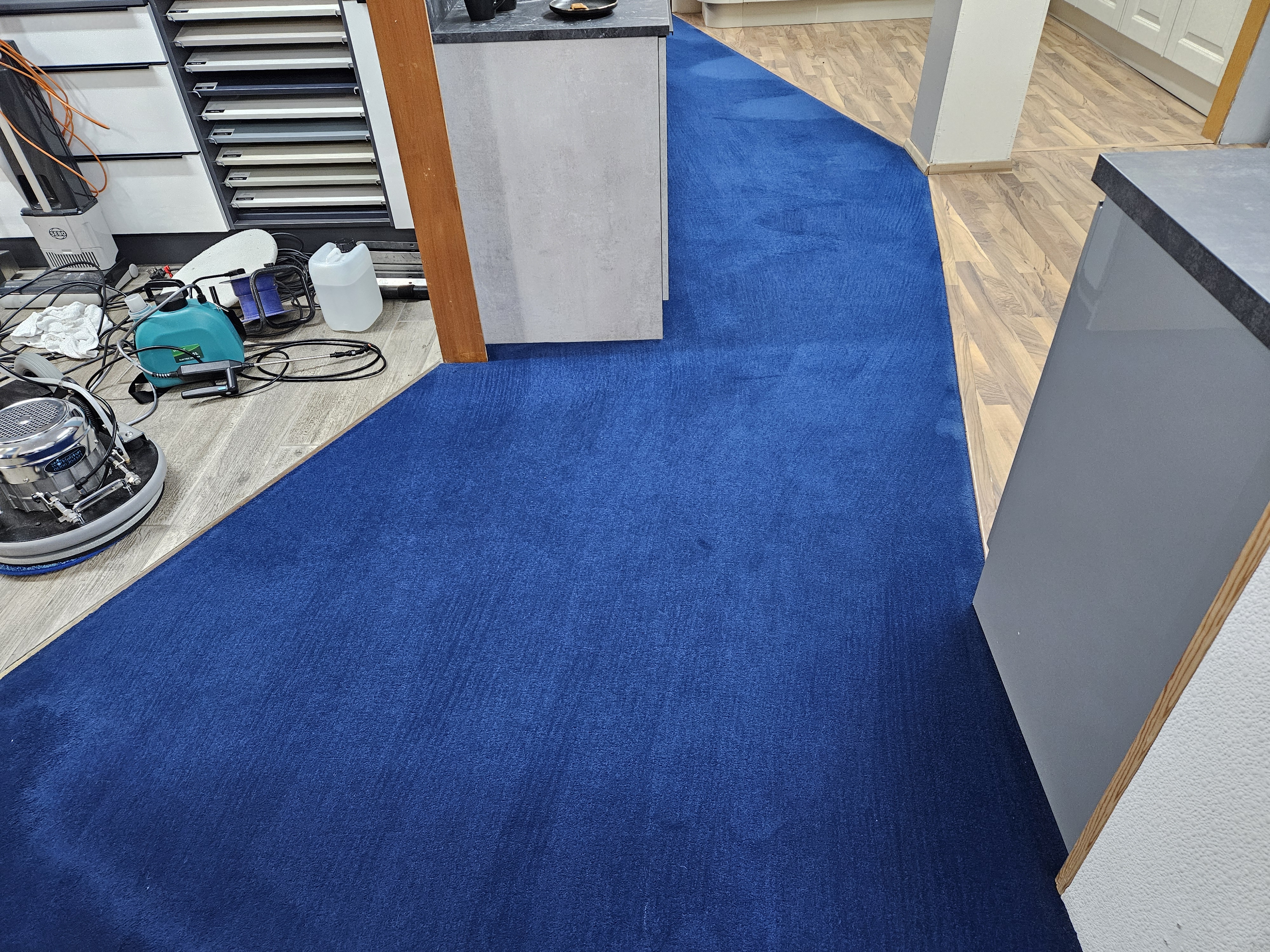 Commercial carpet after low-moisture encapsulation cleaning